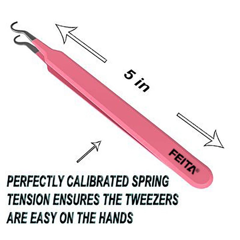 FEITA Blackhead Acne Extraction Tweezers - FEITA Pro & Surgical-Grade Stainless Steel Bend Curved Comedone Extractor Tweezer Tool for Remove Whitehead and Clogged Pores, Pimple - Pink - Image 4
